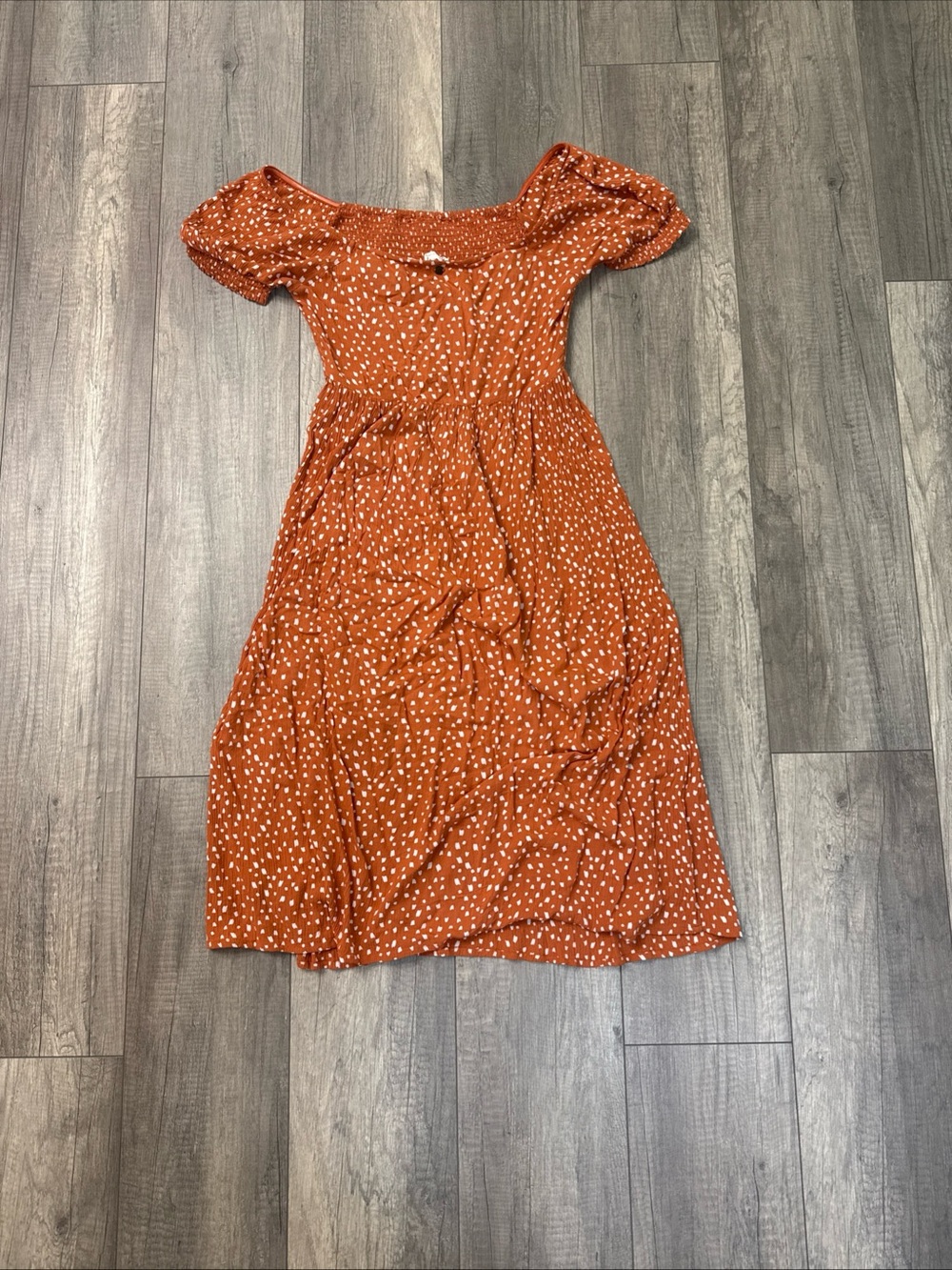 Roxy Rust Orange Dot Smocked Midi Dress - Picture 5 of 5